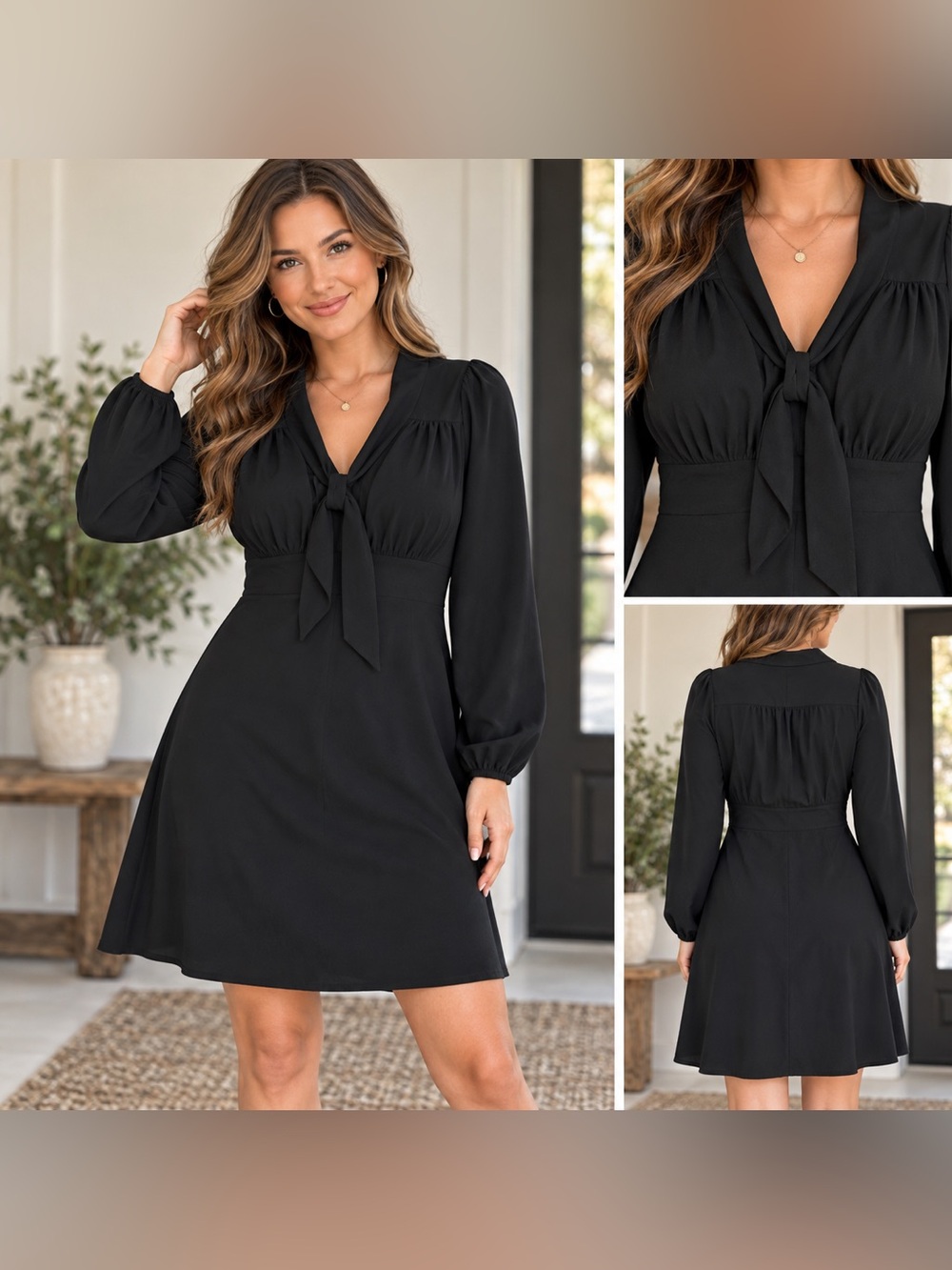 H&M Black Tie Neck Long Sleeve Fit & Flare Mini Dress Size 4